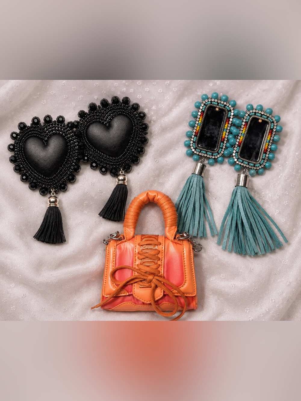 Orange Mini Steve Madden Leather Lace-Up Handbag w/2 pairs of Beaded Earrings